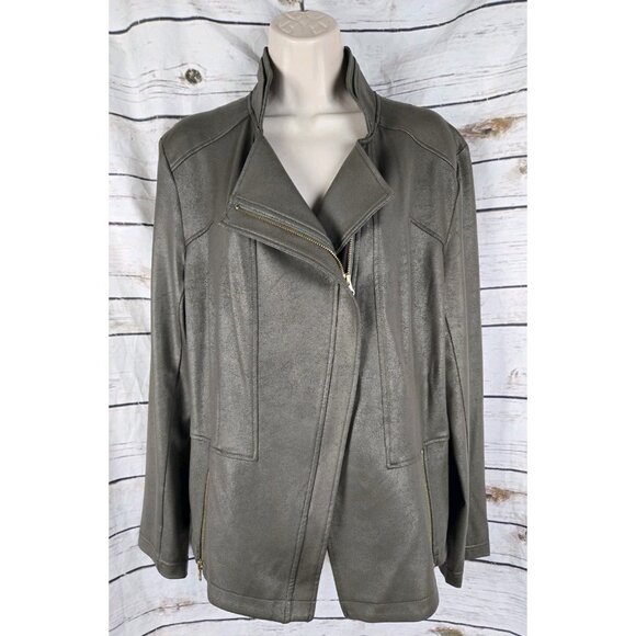 Clara Sun Woo Jackets & Blazers - Clara Sun Woo Olive Green Liquid Leather Jacket 1X Full Zip Moto Signature Knit